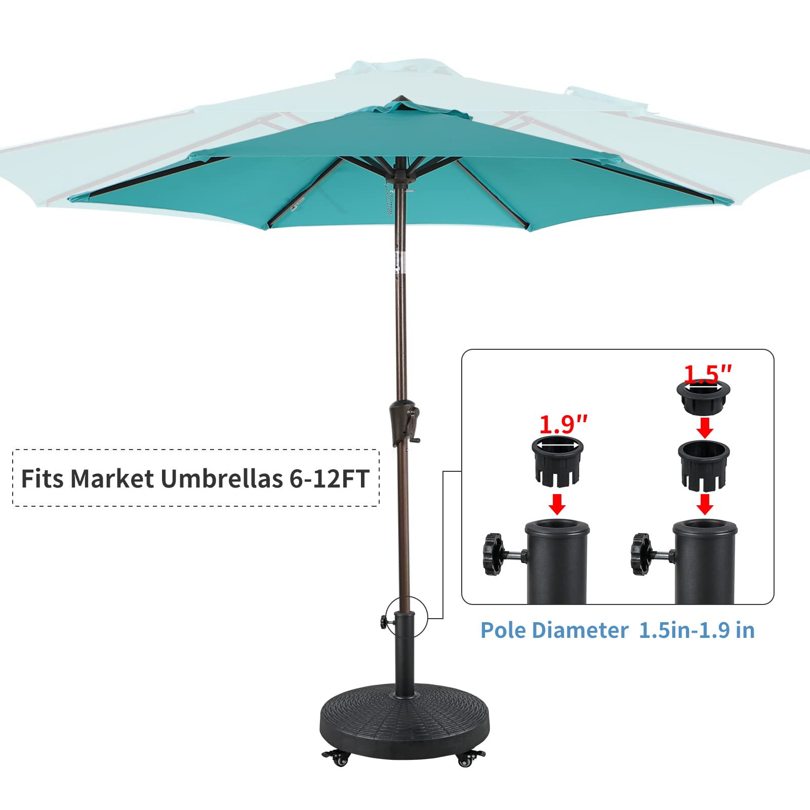 Verano Garden Patio Umbrella Base 52lbs, Heavy Duty Umbrella Stand with Wheels for Outdoor 1.5''~1.89'' Market Umbrella, Weighted Base for Patio Deck Porch Poolside, Black