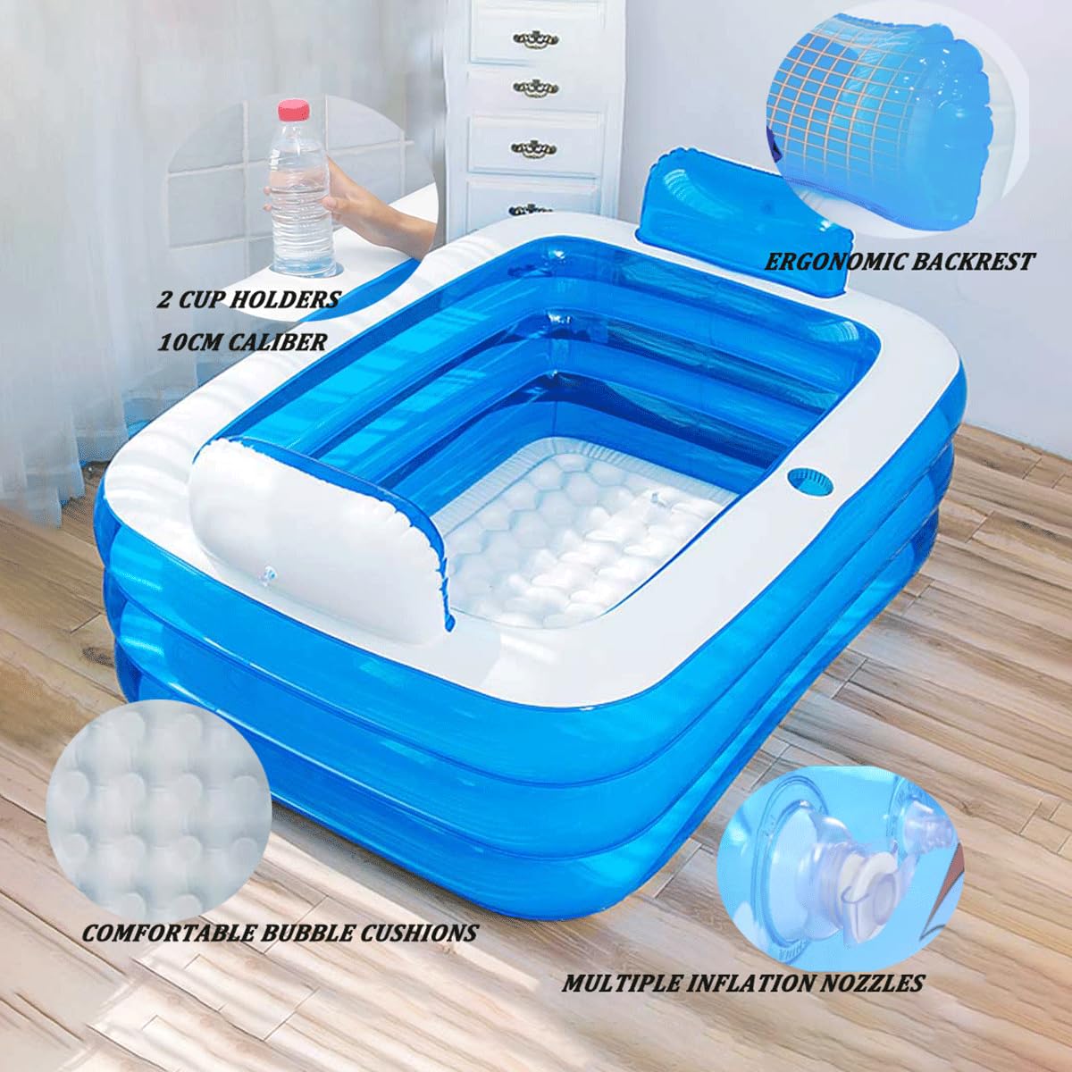 Double Inflatable Bathtub with Electric Air Pump and Bath Pillow Headrest, Portable Blow Up Bath Tub for Adults, Outdoor & Indoor Freestanding Foldable Spa Tub with Drainage Cup Holder