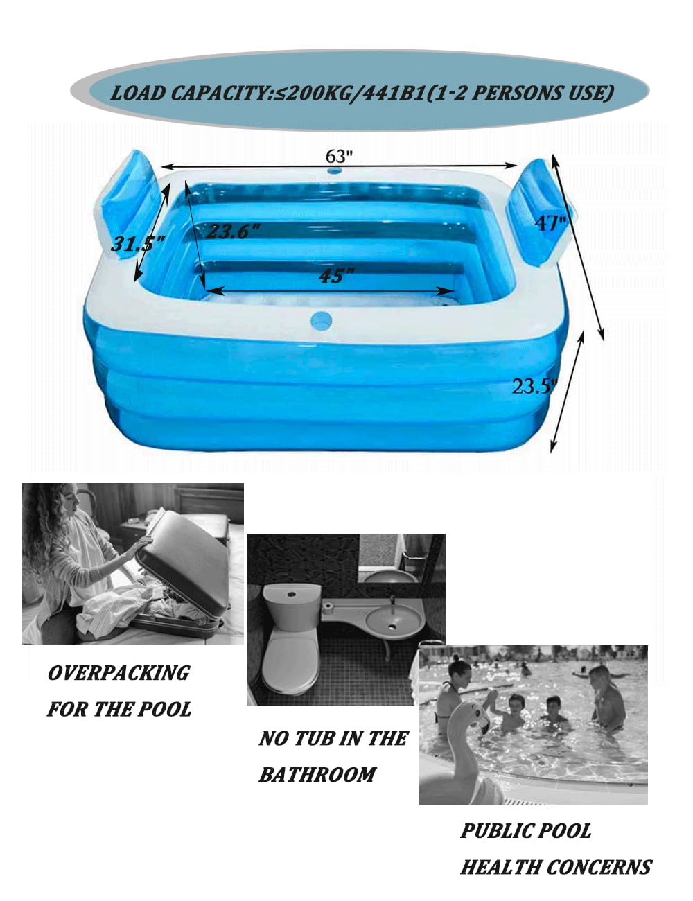 Double Inflatable Bathtub with Electric Air Pump and Bath Pillow Headrest, Portable Blow Up Bath Tub for Adults, Outdoor & Indoor Freestanding Foldable Spa Tub with Drainage Cup Holder