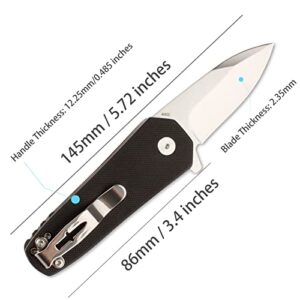 TENCHILON T34 Small Compact Fat Stout Flipper Folding Pocket Knife, 2.3 Inch Spear Point Blades, G10 Handle with Liner lock, Little Utility EDC Box Opening Knives, (Black)