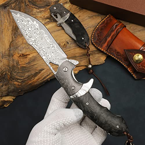 Minowe Handmade Damascus Steel Folding Knife with leather case，3.8in VG10 steel core blade,Steel ball bearings+Carbon Fiber handle，Tactical pocket knife Hiking carry EDC Knife