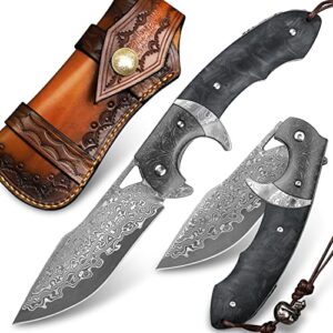 minowe handmade damascus steel folding knife with leather case，3.8in vg10 steel core blade,steel ball bearings+carbon fiber handle，tactical pocket knife hiking carry edc knife