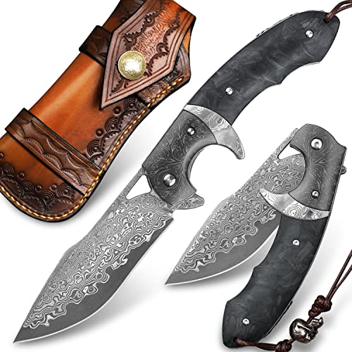 Minowe Handmade Damascus Steel Folding Knife with leather case，3.8in VG10 steel core blade,Steel ball bearings+Carbon Fiber handle，Tactical pocket knife Hiking carry EDC Knife