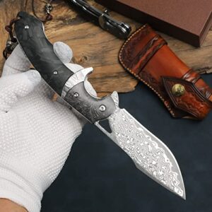 Minowe Handmade Damascus Steel Folding Knife with leather case，3.8in VG10 steel core blade,Steel ball bearings+Carbon Fiber handle，Tactical pocket knife Hiking carry EDC Knife