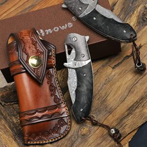 Minowe Handmade Damascus Steel Folding Knife with leather case，3.8in VG10 steel core blade,Steel ball bearings+Carbon Fiber handle，Tactical pocket knife Hiking carry EDC Knife