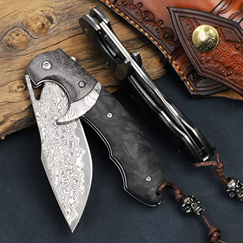 Minowe Handmade Damascus Steel Folding Knife with leather case，3.8in VG10 steel core blade,Steel ball bearings+Carbon Fiber handle，Tactical pocket knife Hiking carry EDC Knife