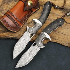 Minowe Handmade Damascus Steel Folding Knife with leather case，3.8in VG10 steel core blade,Steel ball bearings+Carbon Fiber handle，Tactical pocket knife Hiking carry EDC Knife