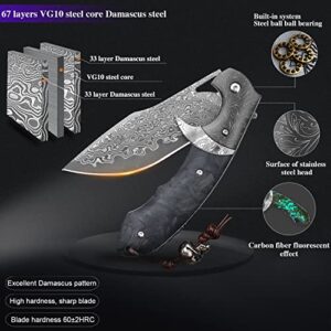 Minowe Handmade Damascus Steel Folding Knife with leather case，3.8in VG10 steel core blade,Steel ball bearings+Carbon Fiber handle，Tactical pocket knife Hiking carry EDC Knife