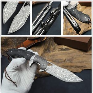 Minowe Handmade Damascus Steel Folding Knife with leather case，3.8in VG10 steel core blade,Steel ball bearings+Carbon Fiber handle，Tactical pocket knife Hiking carry EDC Knife