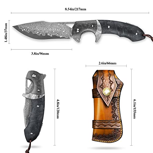 Minowe Handmade Damascus Steel Folding Knife with leather case，3.8in VG10 steel core blade,Steel ball bearings+Carbon Fiber handle，Tactical pocket knife Hiking carry EDC Knife