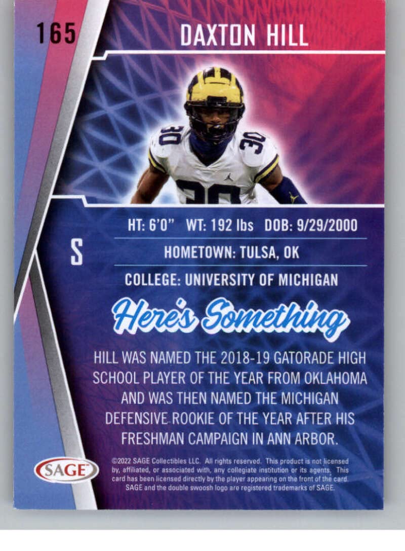 2022 Sage High Series #165 Daxton Hill Michigan Pre NFL Football Trading Card in Raw (NM or Better) Condition