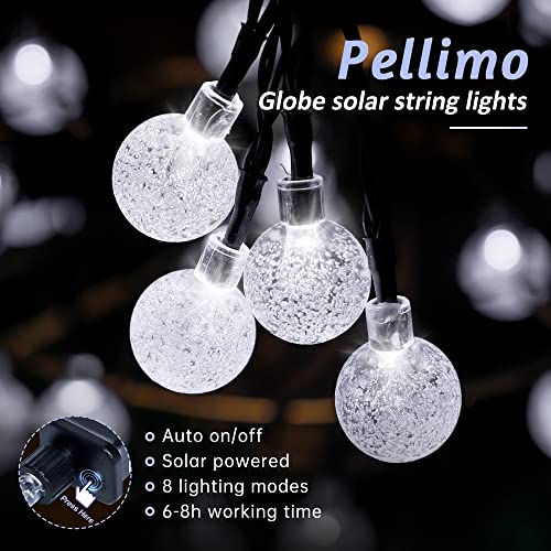 Pellimo 2-Pack 30 LED 20FT Solar String Lights Outdoor, Crystal Globe Lights with 8 Lighting Modes, Waterproof Solar Powered Patio Lights for Garden Yard Porch Wedding Party Decor (White)