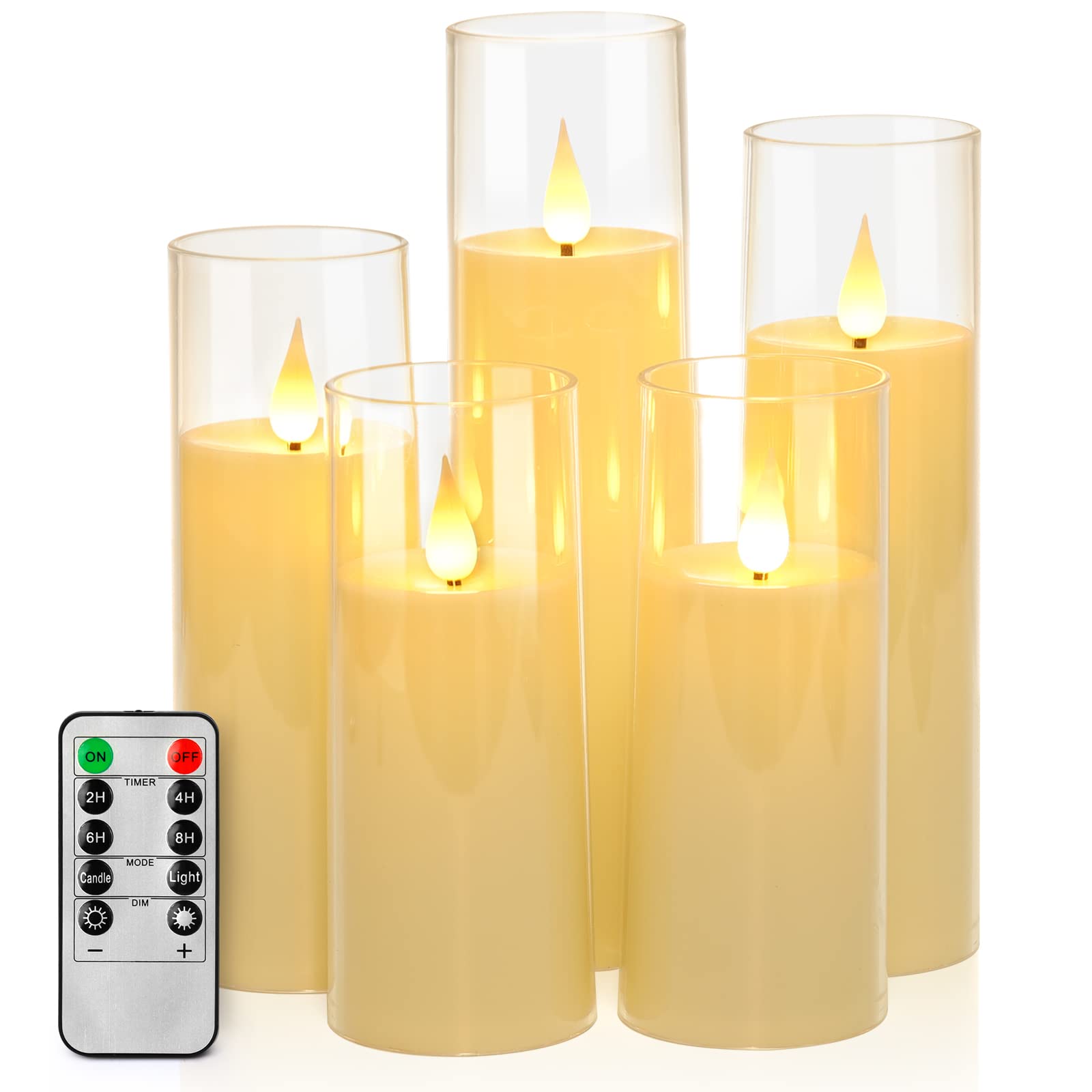 Vanrener Acrylic Flameless Candles, Battery Operated Candles, Flickering LED Pillar Candles with Remote Control and Timer, 3D Wick, Ivory White, Set of 5