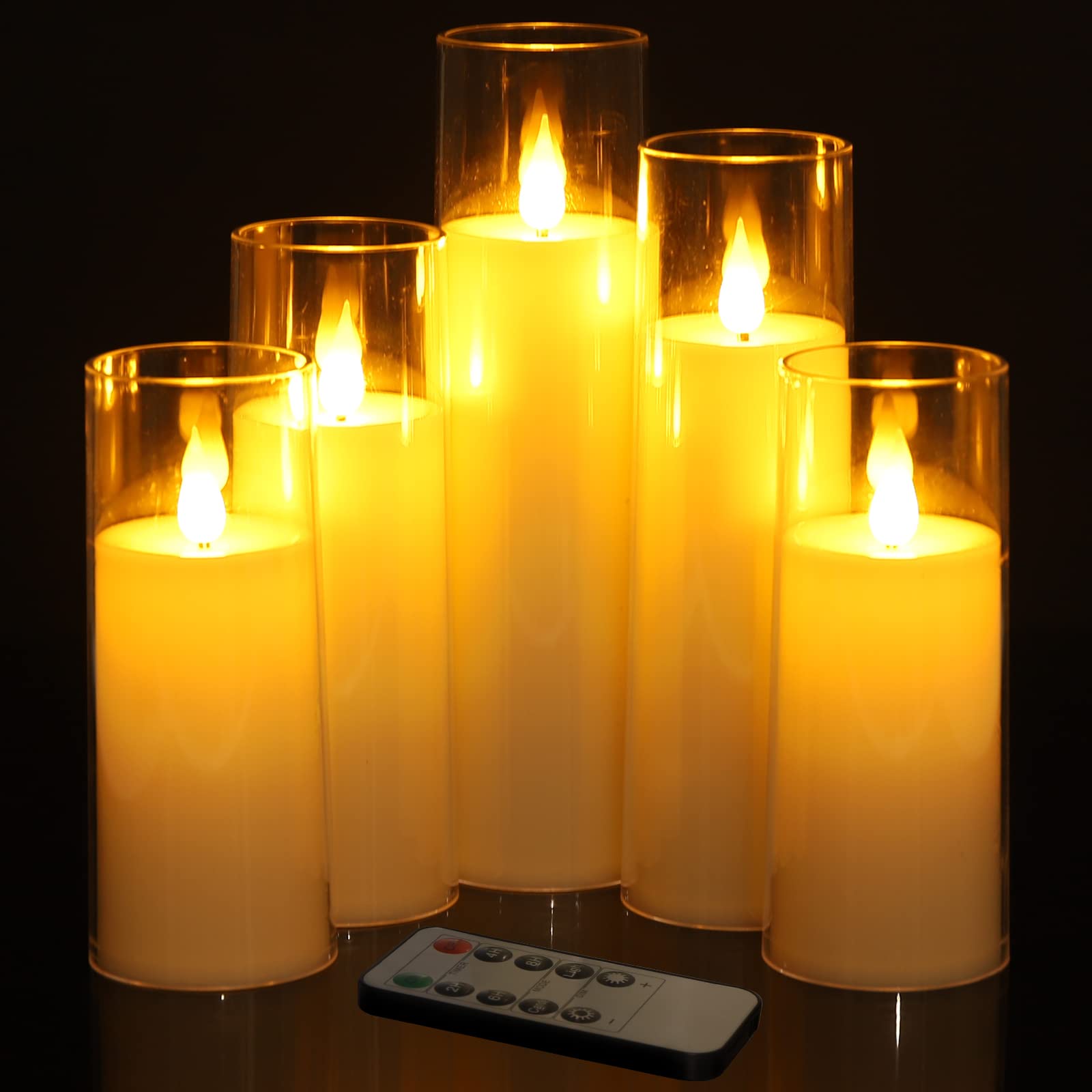 Vanrener Acrylic Flameless Candles, Battery Operated Candles, Flickering LED Pillar Candles with Remote Control and Timer, 3D Wick, Ivory White, Set of 5