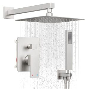 holispa brushed nickel shower system, shower faucet set with 10-inch rain shower head and handheld, wall mounted high pressure shower head combo set with shower valve and shower trim, brushed nickel