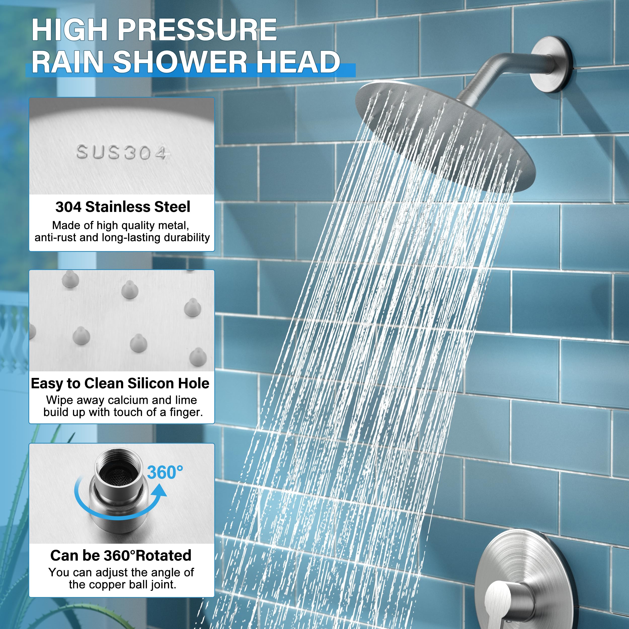 Holispa Shower Faucet, Brushed Nickel Shower Faucet Set with 8-Inch Rainfall Shower Head, Single-Handle Shower Trim Kit Included Shower Valve, Brushed Nickel