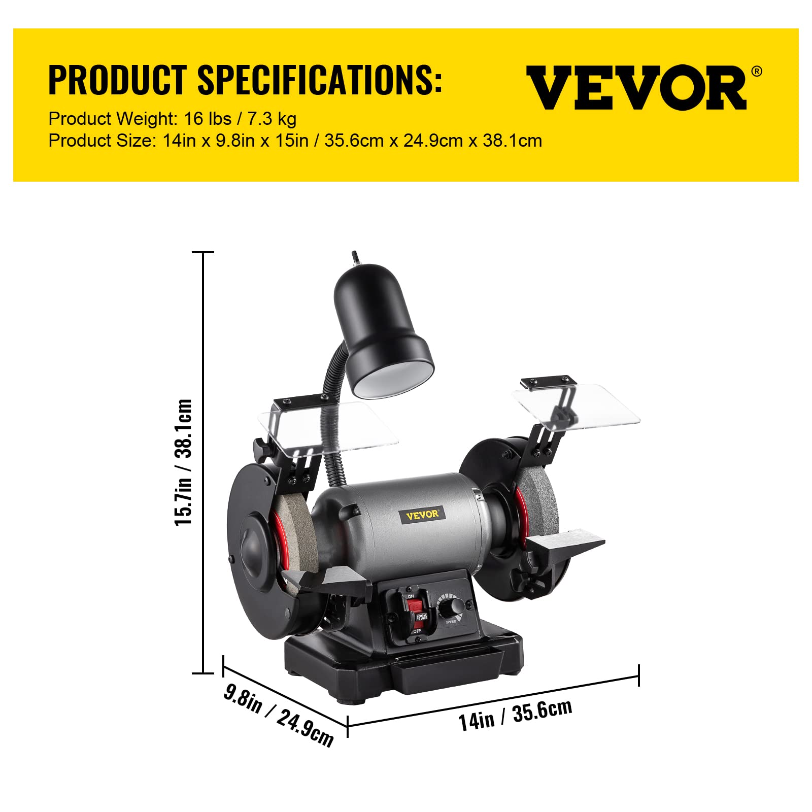 VEVOR 6 inch Bench Grinder, 250W Motor, Variable-Speed Benchtop Grinder with 3400 RPM and Work Light, Two Types Wheels for Grinding, Sharping and Smoothing