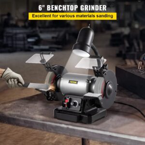 VEVOR 6 inch Bench Grinder, 250W Motor, Variable-Speed Benchtop Grinder with 3400 RPM and Work Light, Two Types Wheels for Grinding, Sharping and Smoothing