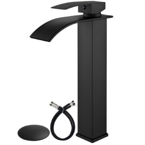 airuida vessel sink faucet, matte black waterfall spout bathroom faucet, tall single handle one hole bowl mixer tap, waterfall spout lavatory vanity with pop up drain