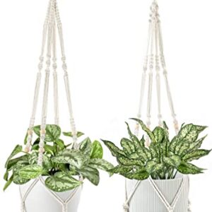 Dahey Macrame Plant Hanger Indoor Hanging Planter Basket with Wood Beads Handmade Woven Cotton Rope Flower Pot Holder Stand for Boho Outdoor Home Decor No Tassels, 35 Inch, Set of 2