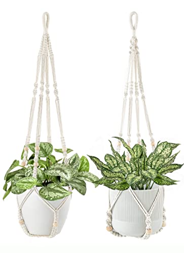 Dahey Macrame Plant Hanger Indoor Hanging Planter Basket with Wood Beads Handmade Woven Cotton Rope Flower Pot Holder Stand for Boho Outdoor Home Decor No Tassels, 35 Inch, Set of 2