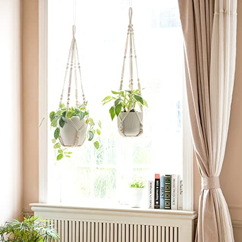 Dahey Macrame Plant Hanger Indoor Hanging Planter Basket with Wood Beads Handmade Woven Cotton Rope Flower Pot Holder Stand for Boho Outdoor Home Decor No Tassels, 35 Inch, Set of 2