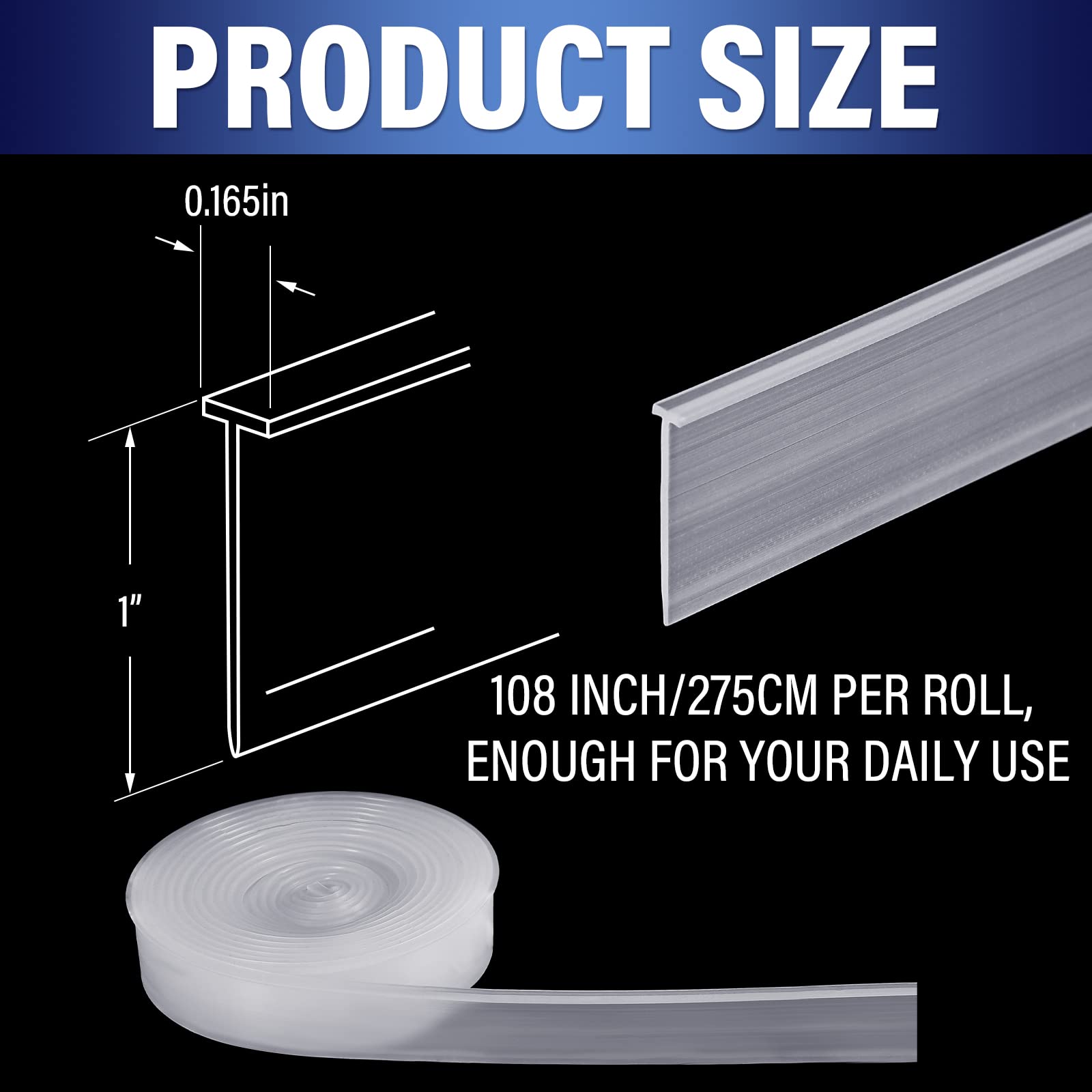 Treela Shower Door Bottom Seal 108 Inch Shower Door Seal Strip Silicone Shower Bottom Waterproof Door Sweep Replacement Seal for Home Bathroom Shower (Clear,T Style)