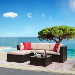 rankok 5 pieces patio furniture sectional outdoor pe rattan wicker lawn conversation cushioned garden sofa set (beige) …