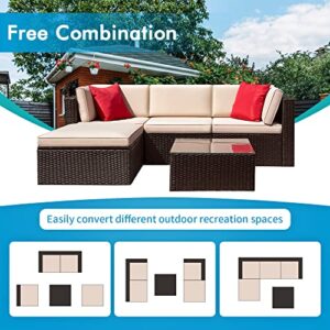 Rankok 5 Pieces Patio Furniture Sectional Outdoor PE Rattan Wicker Lawn Conversation Cushioned Garden Sofa Set (Beige) …