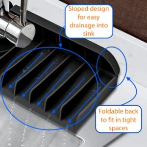 Silicone Sink Faucet Splash Catcher (14.5x5.5in., Black) | Kitchen or Bathroom mat Tray | Drip Catcher | Quick Drying Countertop Protectors | Small and Large Splatter Mats | Easy Water Drainage