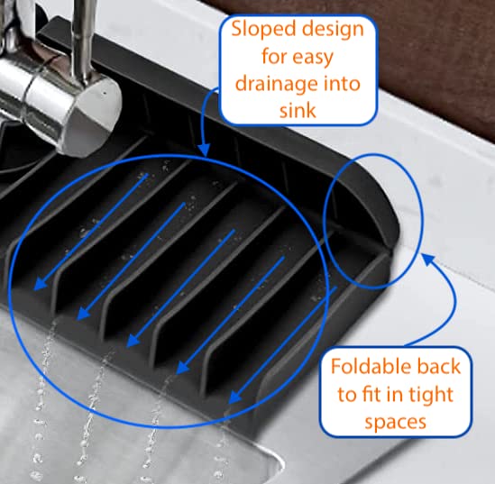 Silicone Sink Faucet Splash Catcher (14.5x5.5in., Black) | Kitchen or Bathroom mat Tray | Drip Catcher | Quick Drying Countertop Protectors | Small and Large Splatter Mats | Easy Water Drainage