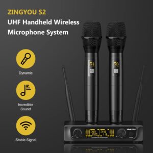 ZINGYOU Wireless Microphone System, UHF Professional Dual Handheld Dynamic Cordless Microphone Set with LCD Display, Suitable for Karaoke, Party Singing, Meeting, Church, and Home KTV Set, S2 (Black)