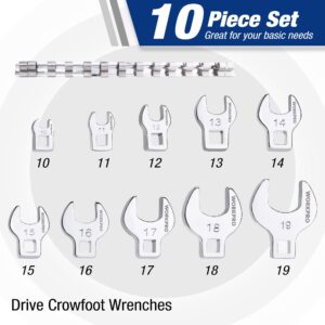 WORKPRO 3/8" Drive Crowfoot Wrench Set, 10-Piece Metric Crowfoot Wrench with Clip-on Organizer, 10-19mm, Great for Automotive Repair Work Hard-To-Reach Areas