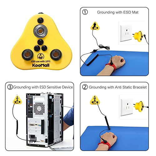 KooMall 1Meg Ohm Safe Grounding Plug for Wrist Straps, Anti Static Mat, ESD Sensitive Device, Earth Outlet Socket Adapter for Antistatic Bracelets Wristband, Ground Cable Cord Wire (1xStuds+2xJacks)