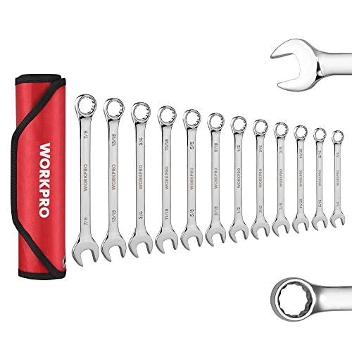 WORKPRO 12-Piece Combination Wrench Set, SAE 1/4"-7/8", Premium Cr-V Wrench Sets, 12PT, Mirror Polish Chrome Plating with Rolling Pouch