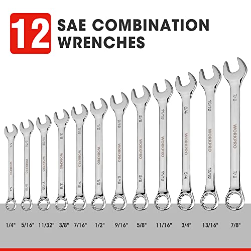 WORKPRO 12-Piece Combination Wrench Set, SAE 1/4"-7/8", Premium Cr-V Wrench Sets, 12PT, Mirror Polish Chrome Plating with Rolling Pouch