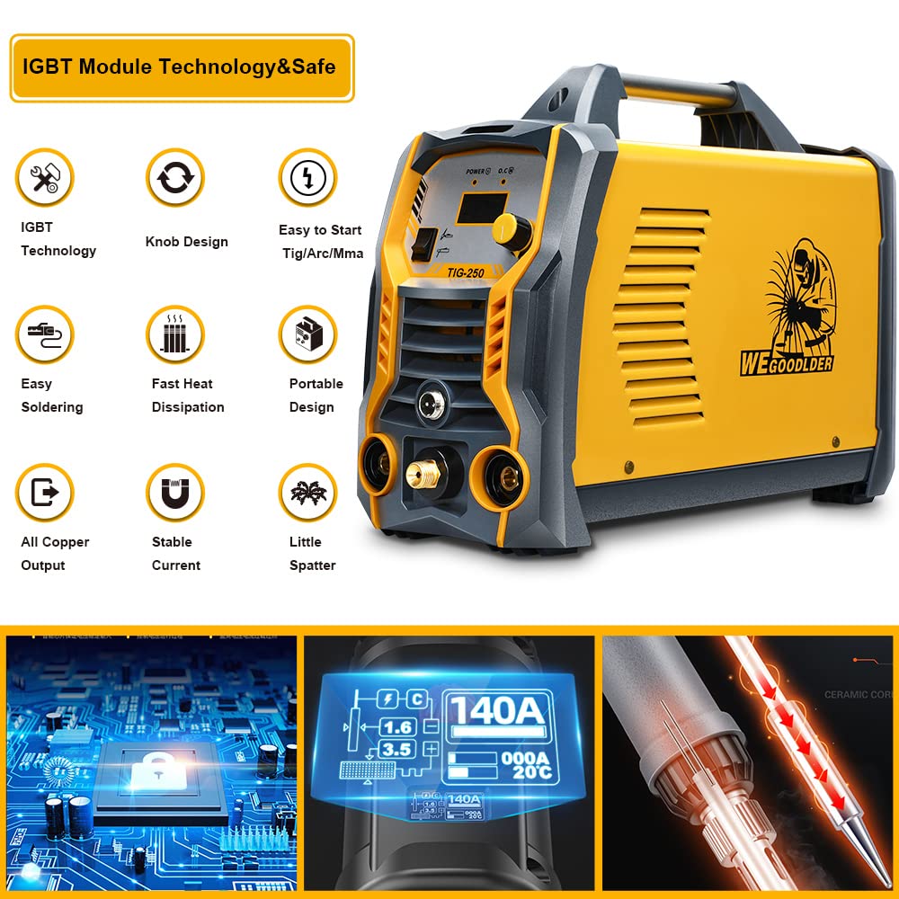 WEGOODLDER Tig Welder Welding Machine - 110/220V Dual Voltage Tig/Stick/Arc Welder 250 Amp Tig Welding Machine with Electrode Holder Work Clamp Torch