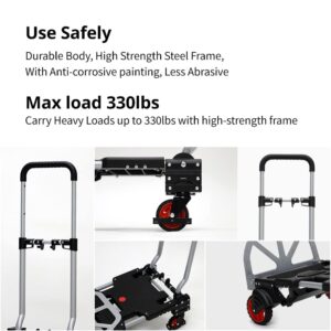 Transform Hand Truck by ROTIHOMESYS, Folding Portable Flatbed Hand Cart Trolley, Utility Dolly Cart, Foldable for Easy Storage and Low Noise Swivel Wheels with 330lb Weight Capacity (Black)