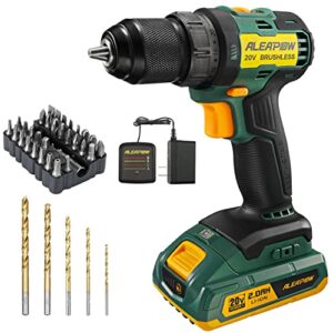 aleapow d10 cordless brushless drill, 20v drill driver kit, 2-speeds(0-1650rpm), 350 in-lbs, 3/8” keyless chuck, 20+1 torque setting, 2.0ah battery, charger, led, 38 pcs drill/driver bits