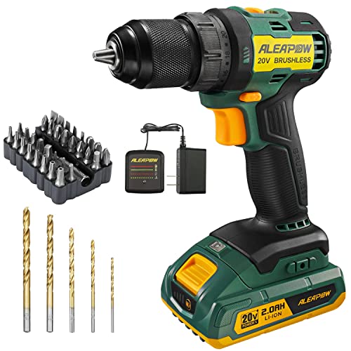 ALEAPOW D10 Cordless Brushless Drill, 20V Drill Driver Kit, 2-Speeds(0-1650RPM), 350 In-lbs, 3/8” Keyless Chuck, 20+1 Torque Setting, 2.0Ah Battery, Charger, LED, 38 Pcs Drill/Driver Bits