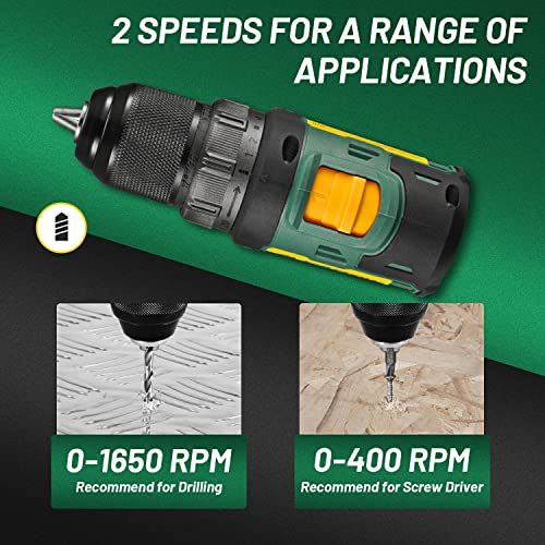 ALEAPOW D10 Cordless Brushless Drill, 20V Drill Driver Kit, 2-Speeds(0-1650RPM), 350 In-lbs, 3/8” Keyless Chuck, 20+1 Torque Setting, 2.0Ah Battery, Charger, LED, 38 Pcs Drill/Driver Bits