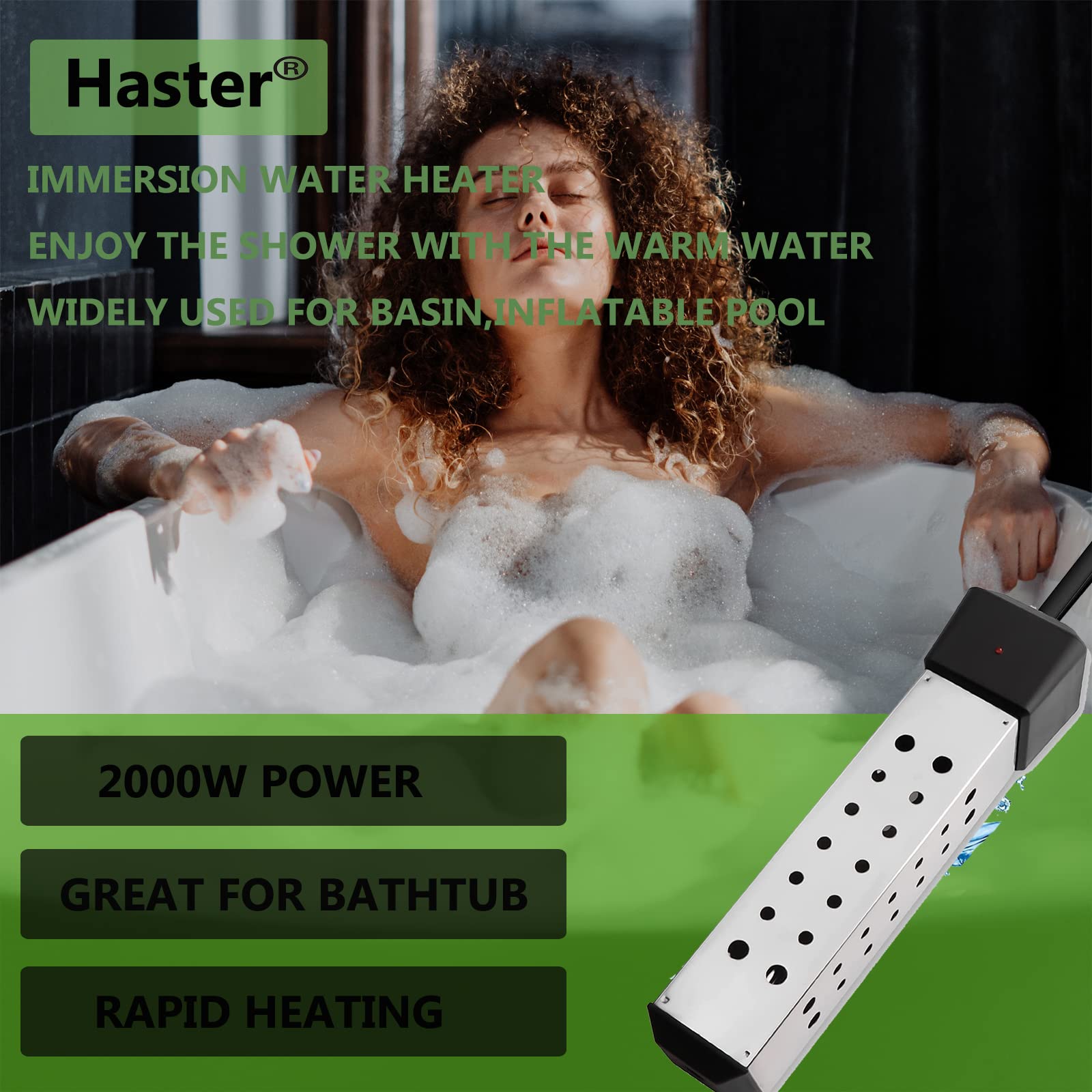 HASTER 2000W Rapid Heating Square Immersion Water Heater for Inflatable Pool Bathtub,Bucket Heater with 304 SS Guard, Submersible Water Heater with LCD Thermometer,Heat 5 Gallon Water in Minutes