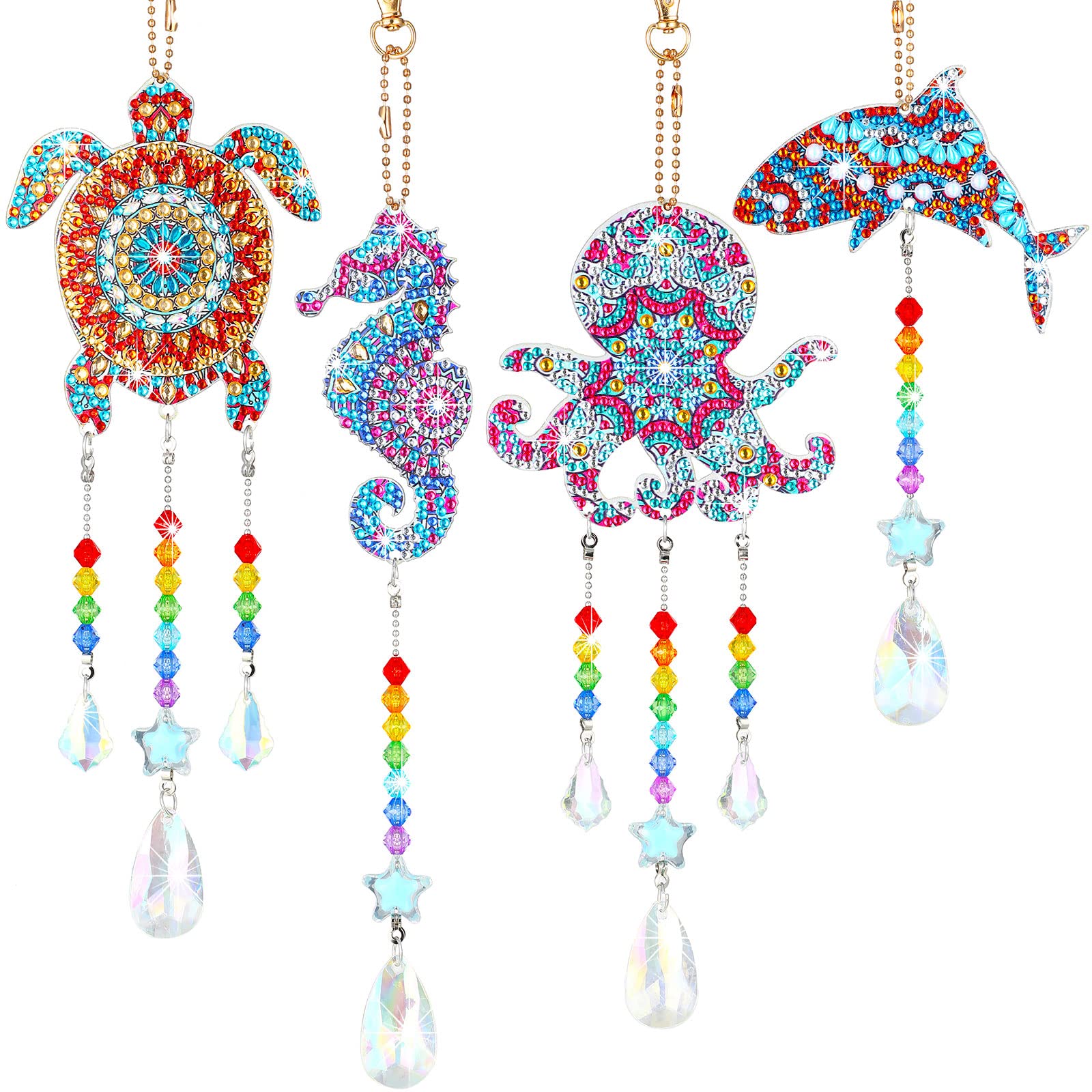 4 Pcs Diamond Painting Suncatcher Wind Chime Sea Animal Double Sided Crystal Rhinestone Big Gem Painting Suncatcher Hanging Ornament for Adults Kids Home Window Decor (Sea Style)