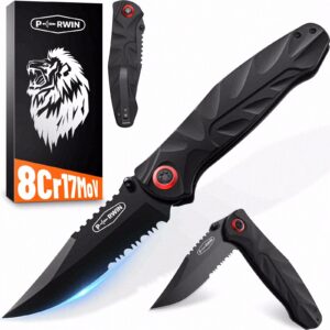 perwin pocket knife, edc knife with 3.1" serrated clip point blade and aluminum handle small pocket knives for camping fishing hiking