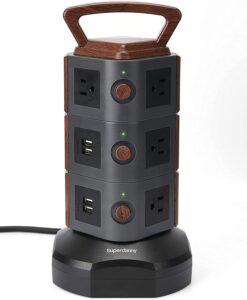 superdanny surge protector power strip tower with 4 usb ports, 6.5 feet extension cord with 3120w 13a 10 ac widely multiple outlets, ul certificated, etl listed, black wood, 2022 upgraded