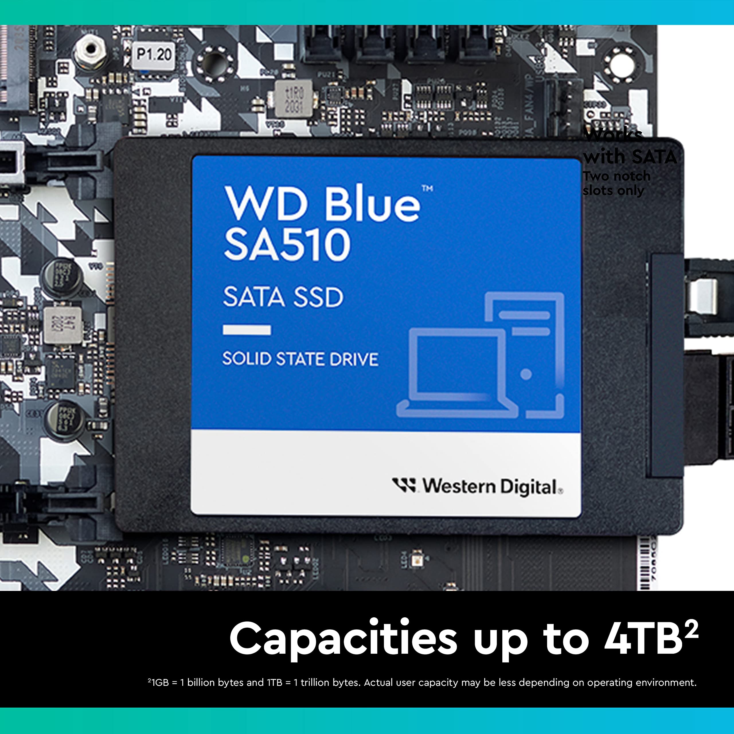 Western Digital 1TB WD Blue SA510 SATA Internal Solid State Drive SSD - SATA III 6 Gb/s, 2.5"/7mm, Up to 560 MB/s - WDS100T3B0A