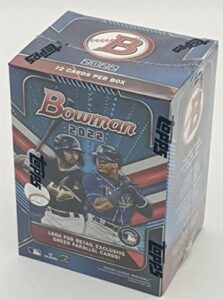 2022 bowman baseball factory sealed blaster box 6 packs of 12 cards, 72 cards in all look for retail exclusive green parallels. look for first bowman chrome cards of elly de la cruz, kahlil watson, bryan acuna, jhonkensy noel, matt mclain and curtis mead.