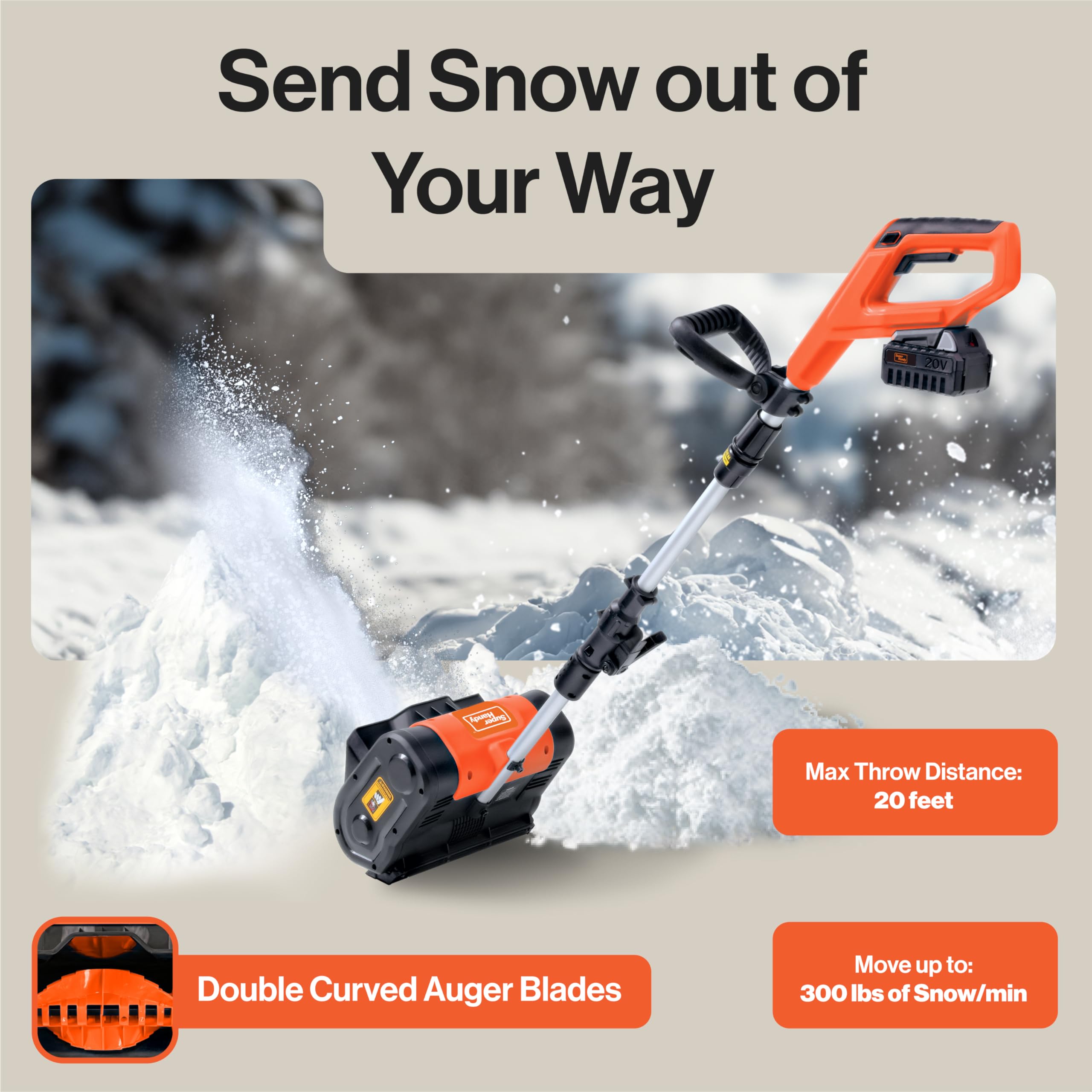 SuperHandy Snow Thrower Power Shovel 4Ah DC 20V Upgraded Design, Cordless Rechargeable, Lightweight 10" in. Width 5" in. Depth, 25' ft Throwing Distance, 300 lbs per Min