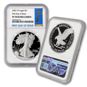 2022 w 1 oz proof american silver eagle pf-70 ultra cameo (pf70ucam - first day of issue - dark blue label) $1 ngc mint state