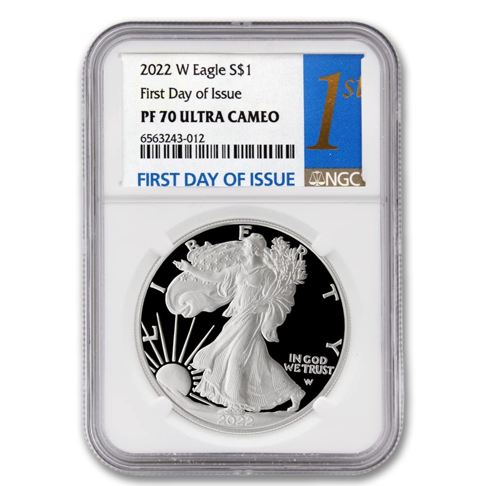 2022 W 1 oz Proof American Silver Eagle PF-70 Ultra Cameo (PF70UCAM - First Day of Issue - Dark Blue Label) $1 NGC Mint State